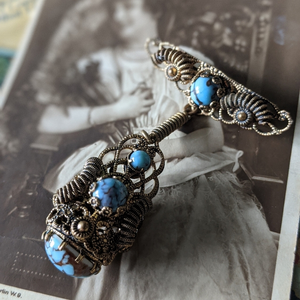 Antique Glass Turquoise Coiled Metal Dangle Brooch